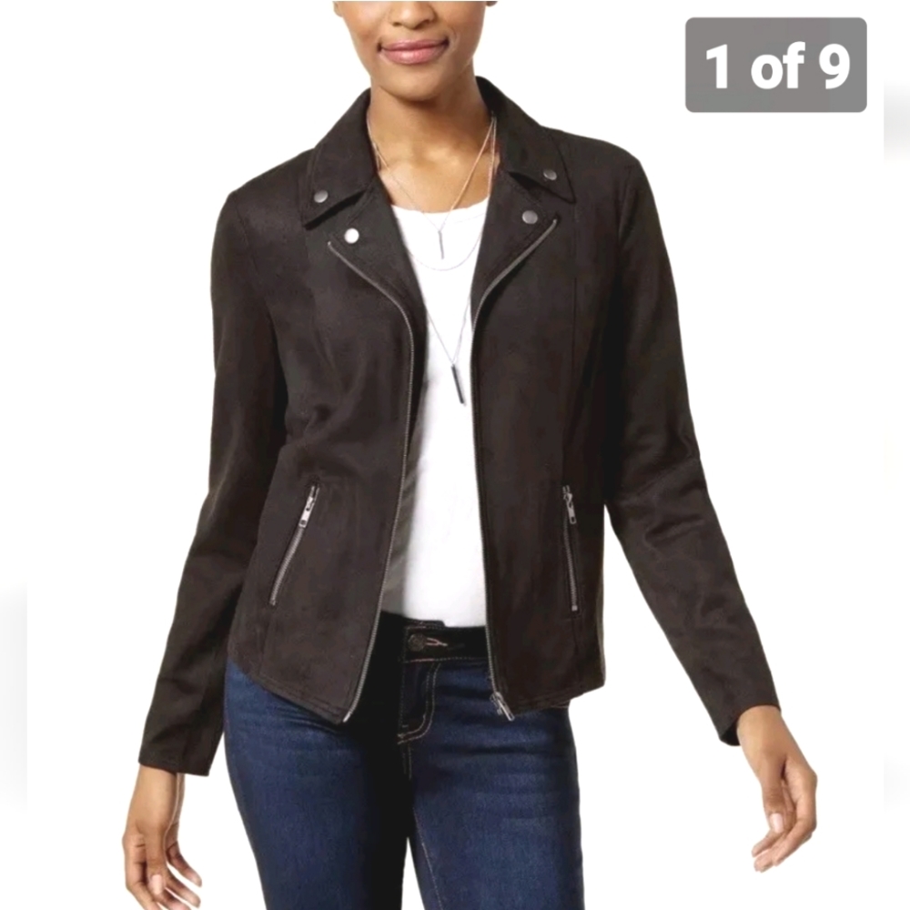 Style & Co Company Womens Faux-Suede Moto Collar Jacket Deep Gray